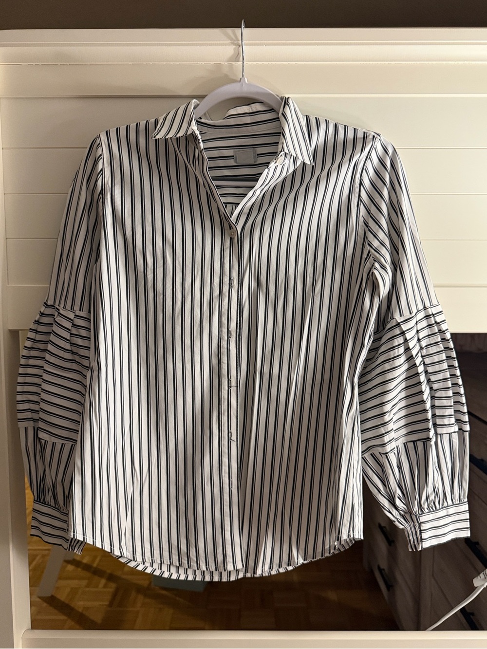 Chico's White and Black Vertical Stripe Button-Down Shirt